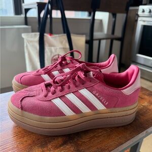 adidas Gazelle Women's Pink Suede Platform Sneakers with White Stripes
